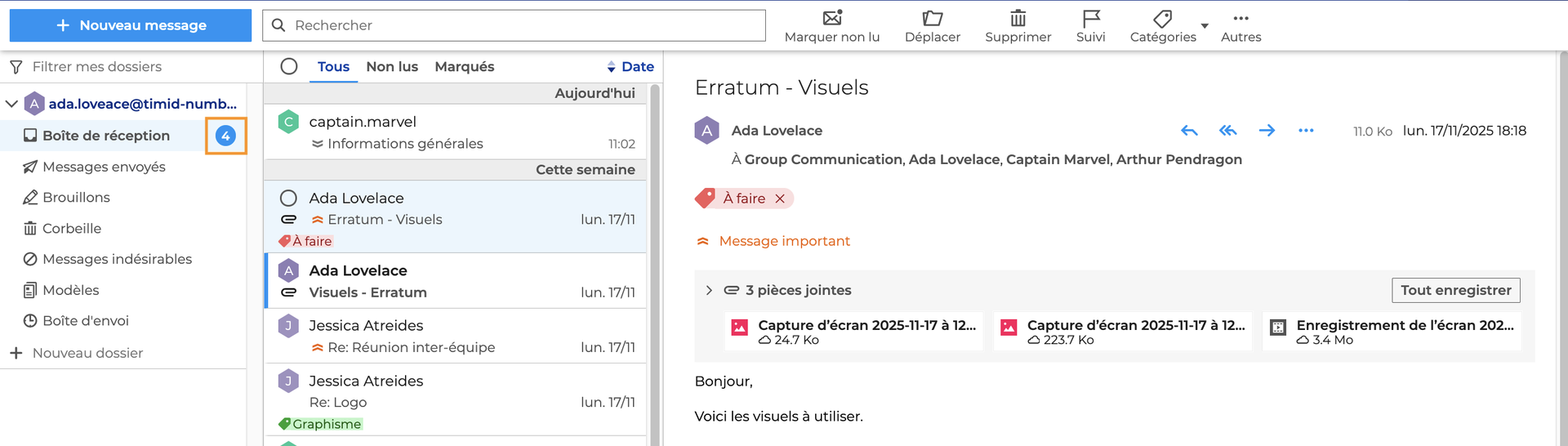 Webmail BlueMind : boîte de réception, liste des messages et lecture d’un email