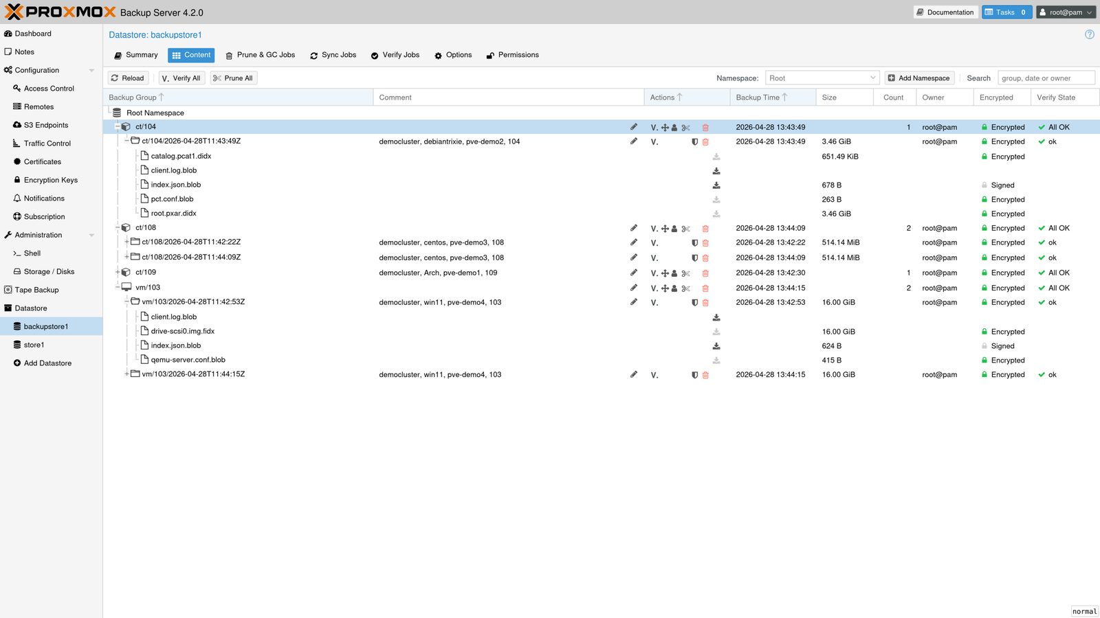 Interface officielle Proxmox Backup Server montrant les sauvegardes d'un datastore et leur état